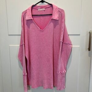 GRACE+EMMA Pink Waffle Knit Collared Long Sleeve‎ Oversized Tunic Top 2XL Themal